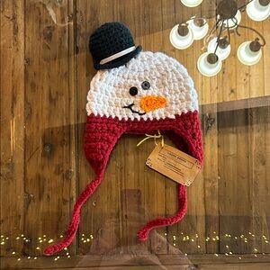 Handmade Snowman Crochet Earflap Hat - White, Red, Black, Orange